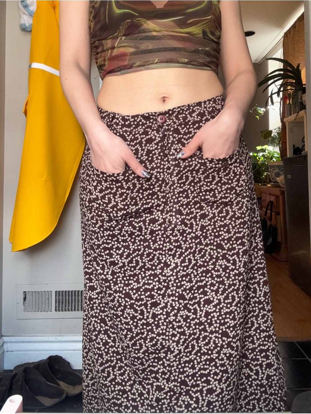 Brown Floral A-Line Maxi Skirt with Cream Dot Print